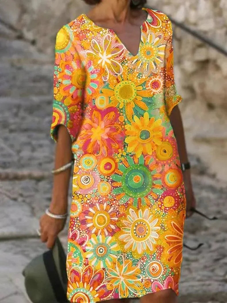 V-Ausschnitt Blumenkleid mit kurzen Ärmeln für Frauen | Ideal für den Sommer
