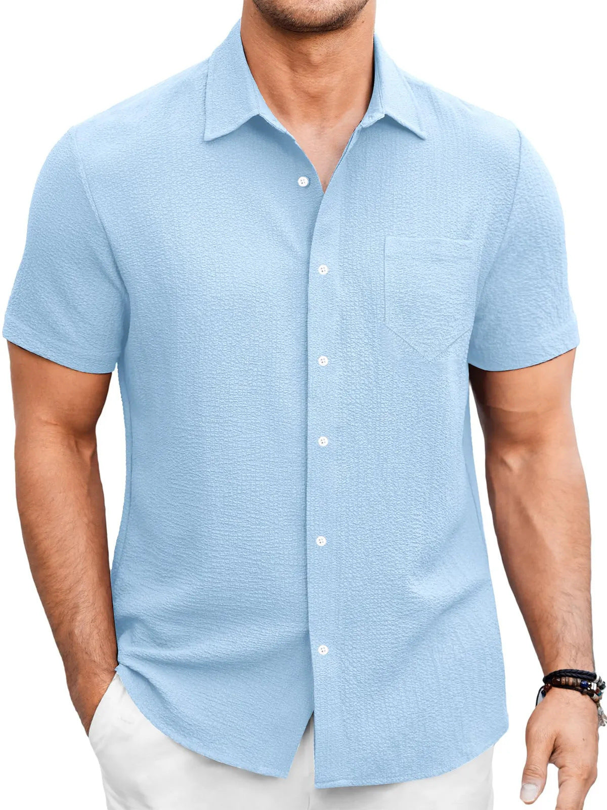 Herren Kurzarm-Shirt in Uni-Farbe mit Blasenfaltendesign Ideal für den Sommer