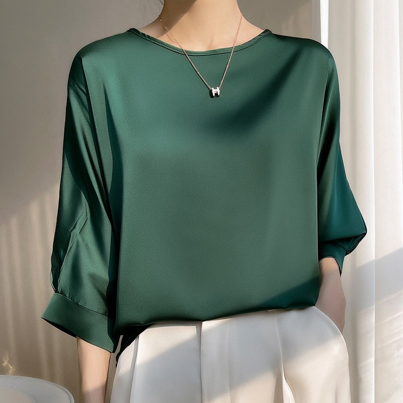 Lockeres Satin Ice Silk Kurzarmshirt mit Rundhals | Ideal für Sommer