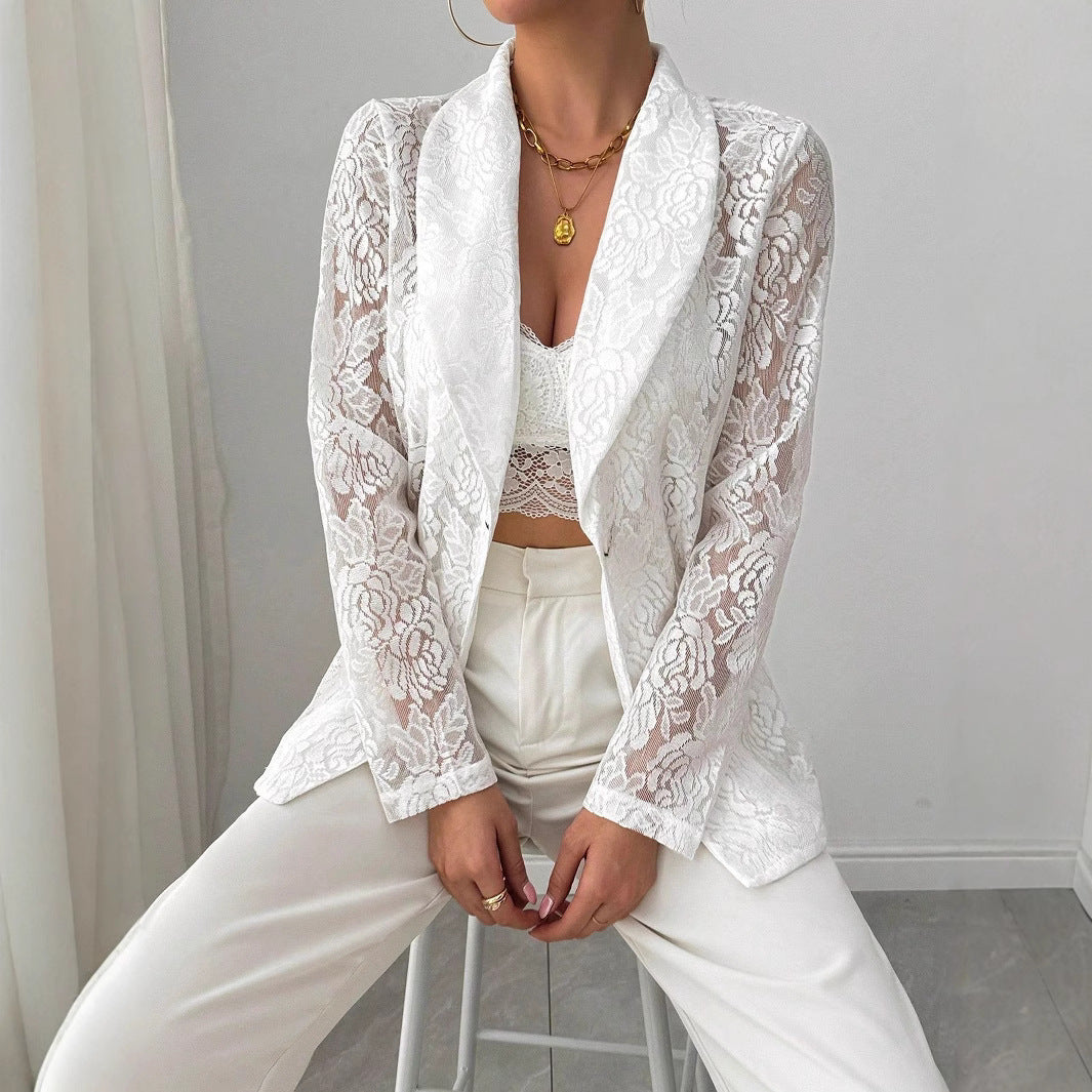 Weißer Spitzenblazer aus besticktem Nylon mit Blumenmuster | Ideal für Frühling und Sommer