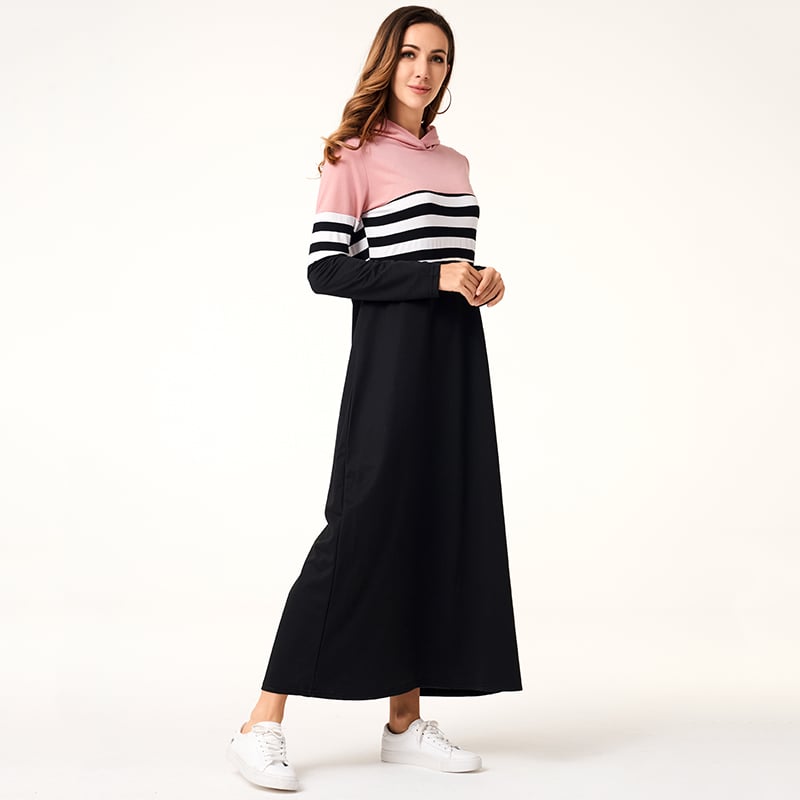 Gestreiftes Patchwork Hoodie-Kleid mit Langarm | Ideal für Herbst und Winter