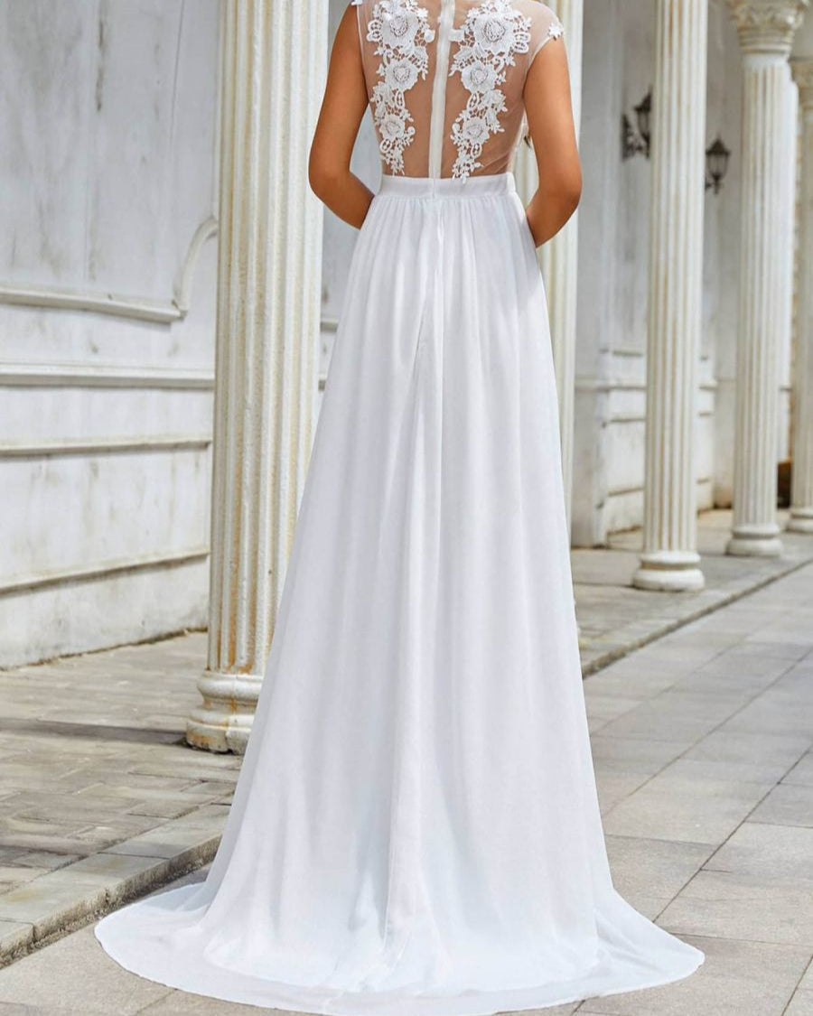 Chiffon Spitzen Hochzeitskleid mit Schleppe | Ideal für alle Jahreszeiten