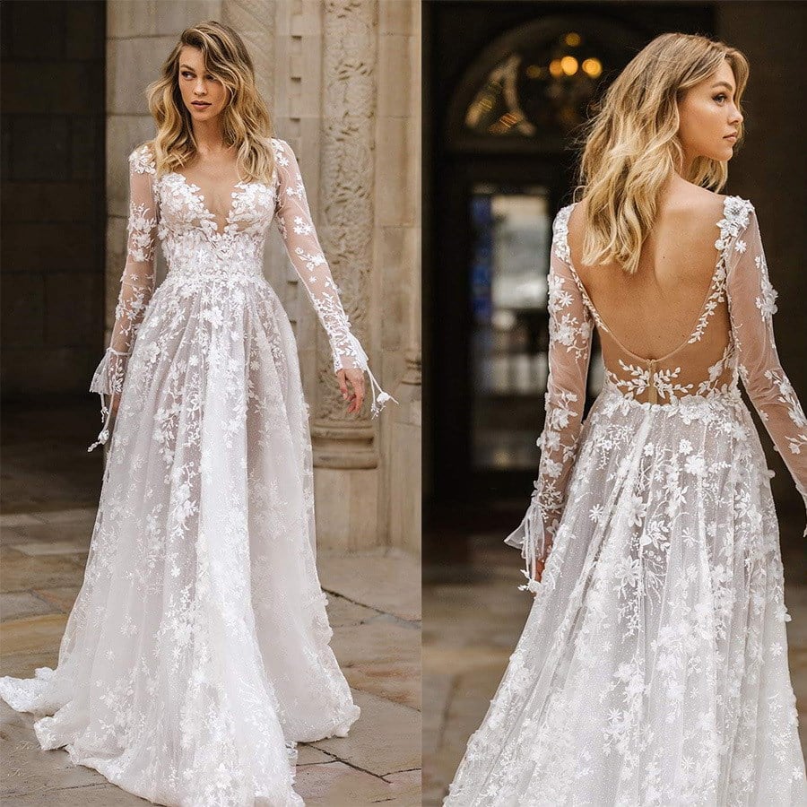 Weißes Spitzenkleid mit langen Ärmeln und mittlerer Taille für Hochzeiten | Ideal für Frühling und Herbst