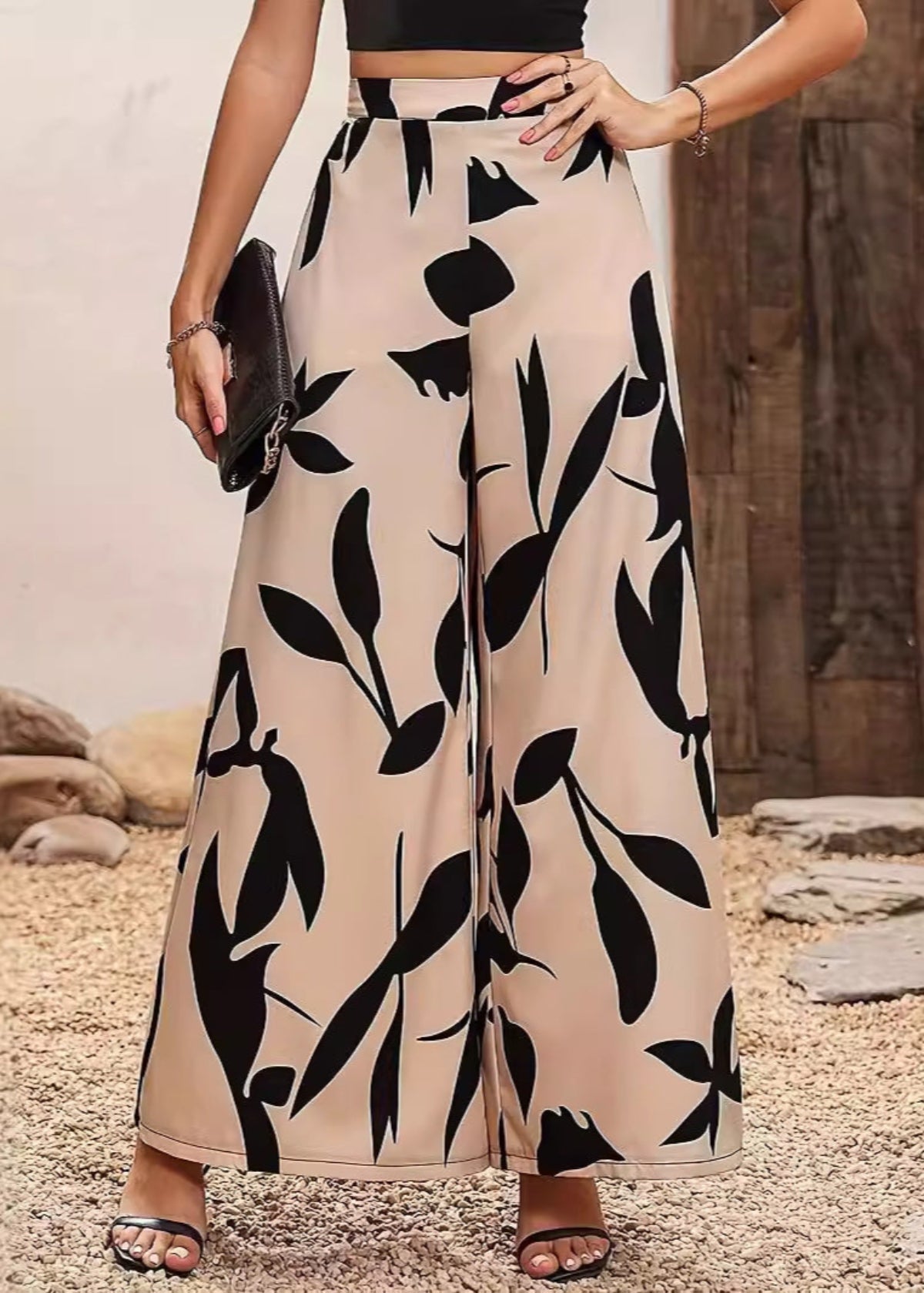 Hoch Taillierte Weit Bein Hose mit Blatt Muster | Ideal für Frühling und Sommer