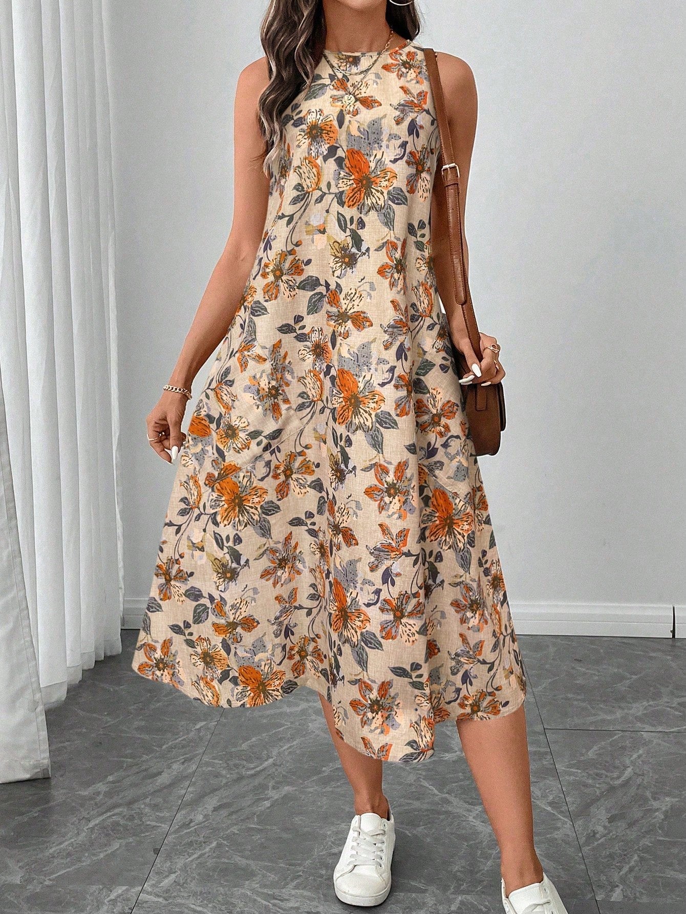 Rundhals ärmelloses Midi-Kleid mit Flared Saum und Blumenmuster | Ideal für Frühling und Sommer
