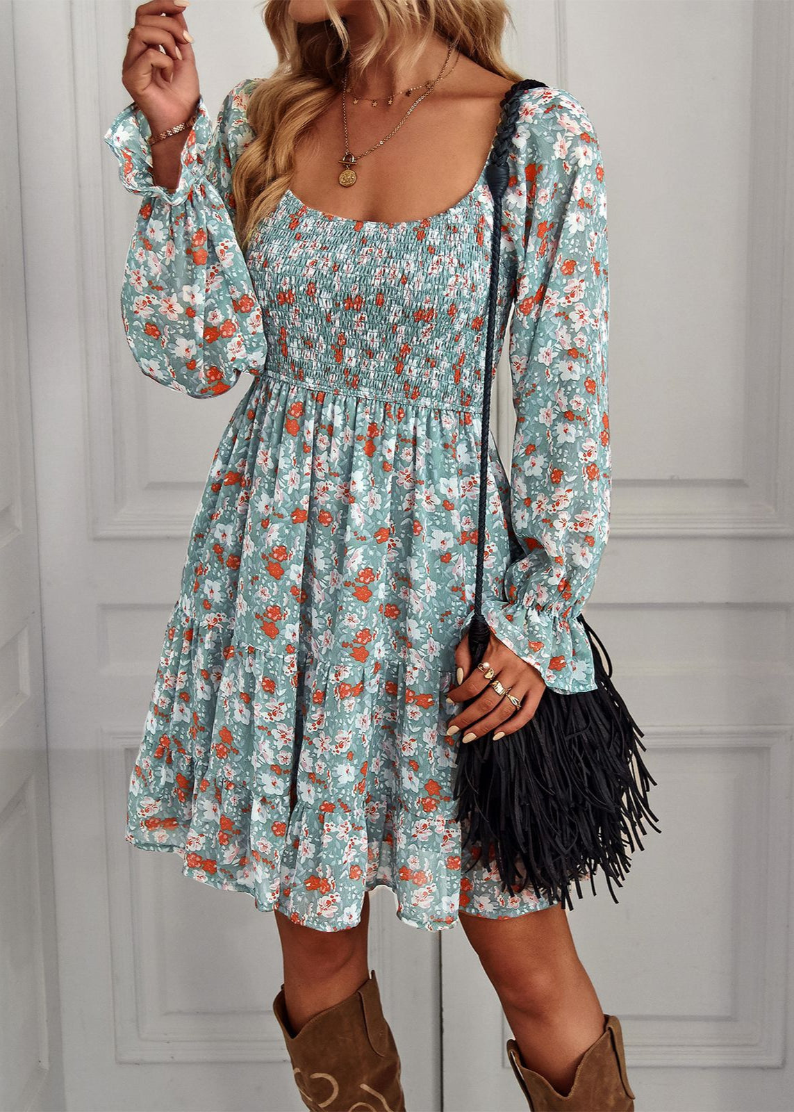 Floral Print Rüschensleeve Midi-Kleid mit U-Ausschnitt | Ideal für Frühling und Sommer