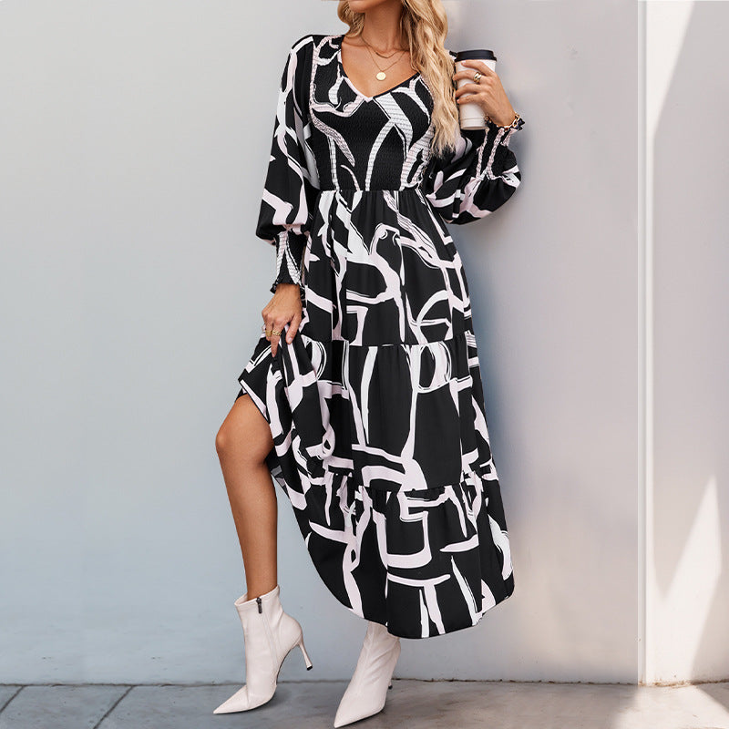 Geometrisch Bedrucktes A-Linien Midikleid mit Langen Ärmeln | Ideal für Frühling und Herbst