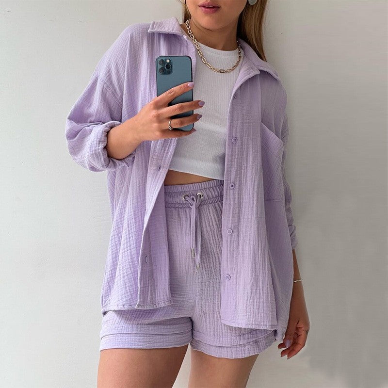 Langarm Hemd mit Reverskragen und Hohe Taille Kordelzug Shorts Set aus Baumwollmischung | Ideal für Frühling und Sommer