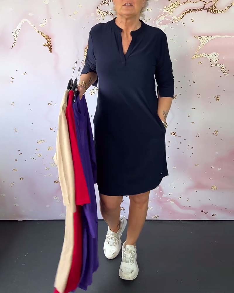V-Ausschnitt Shift-Kleid mit 3/4-Ärmeln | Ideal für Frühling und Sommer