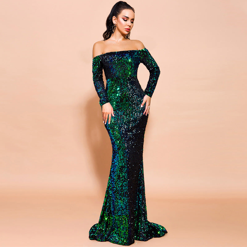 Schulterfreies Langarm Paillettenbesetztes Abendkleid | Ideal für Herbst und Winter