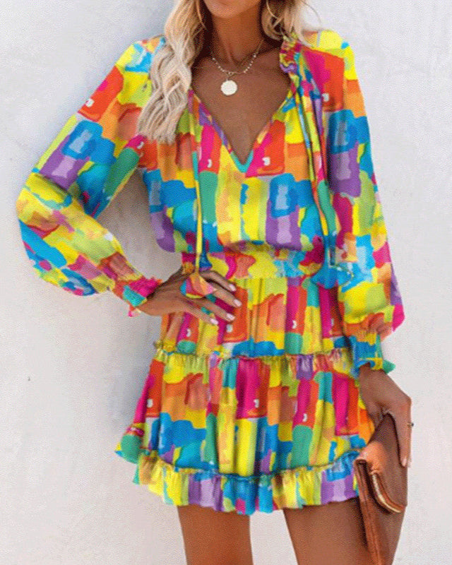 Geblümtes Patchwork-Kleid mit Puffärmeln und Taillenband | Ideal für Frühling und Herbst
