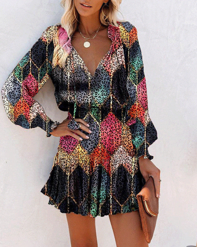 Geblümtes Patchwork-Kleid mit Puffärmeln und Taillenband | Ideal für Frühling und Herbst