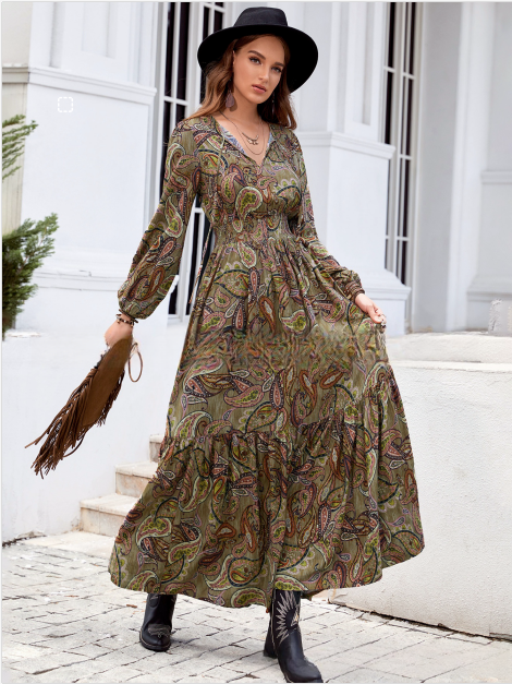 Bohemian Print Langes Kleid mit Smocked Taillenbund und langen Ärmeln | Ideal für Frühling und Herbst
