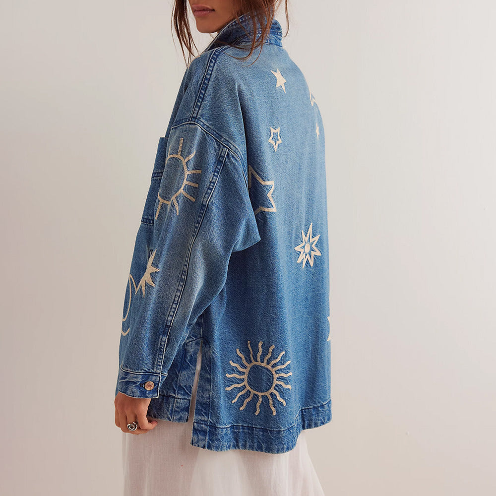 Locker Geschnittene Jeansjacke mit Stickerei für Damen | Ideal für Frühling und Herbst