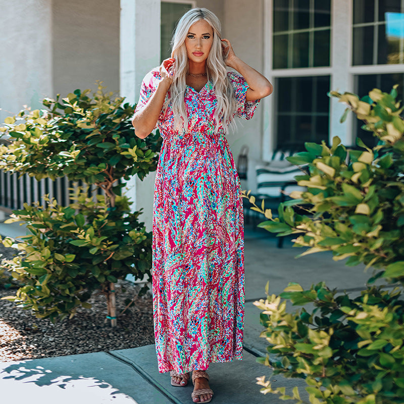Floral Print V Neck Lang Swing Kleid mit Kurzen Ärmeln | Ideal für Sommer