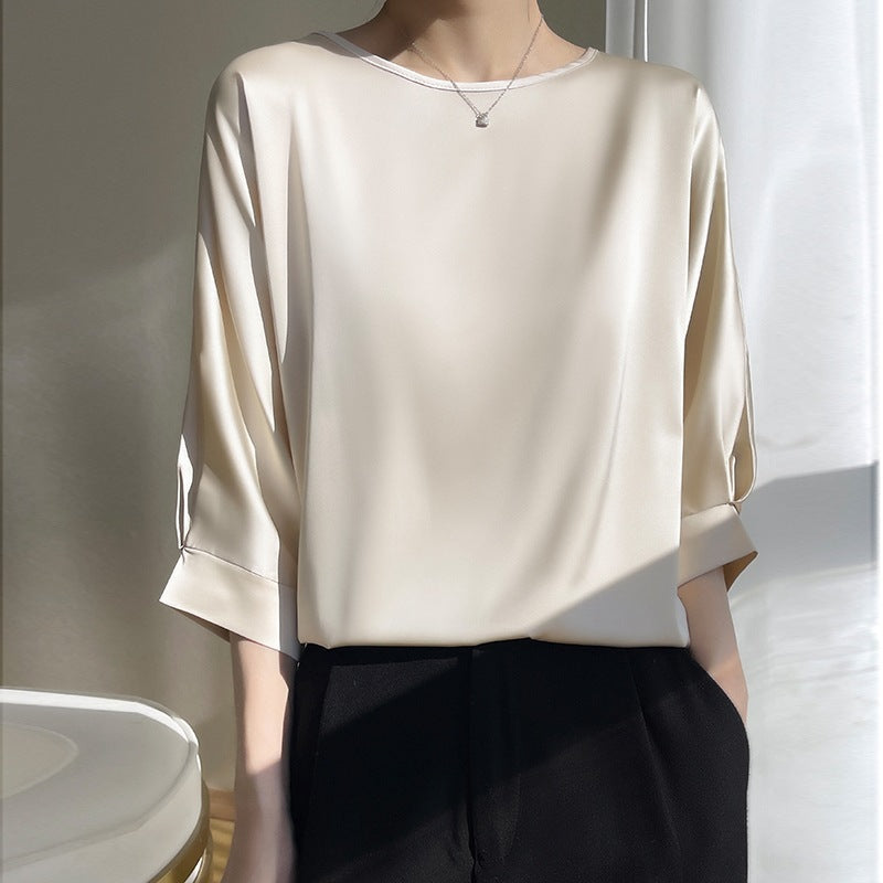 Lockeres Satin Ice Silk Kurzarmshirt mit Rundhals | Ideal für Sommer