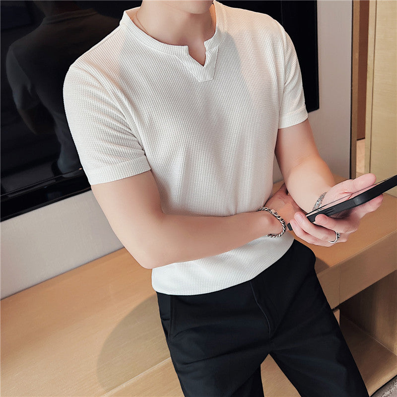 Herren Waffelstrick Pullover Kurzarm Shirt – Ideal für den Sommer