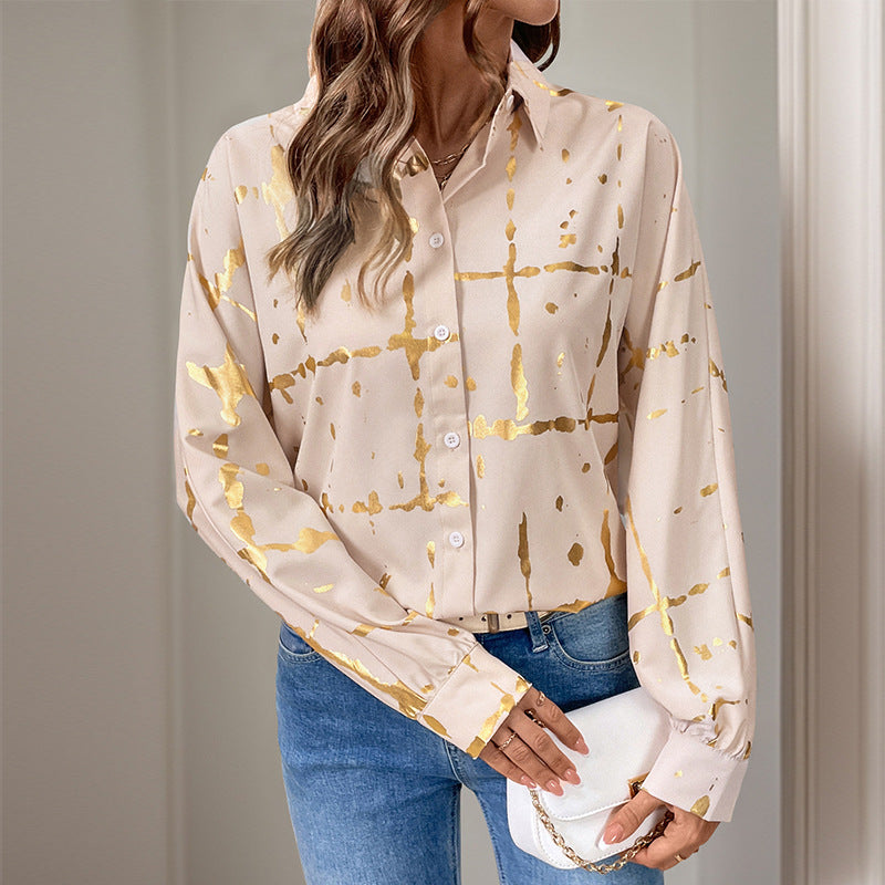 Langärmliges Hemd mit Reverskragen und geometrischem Bronzing-Muster | Ideal für Herbst und Winter