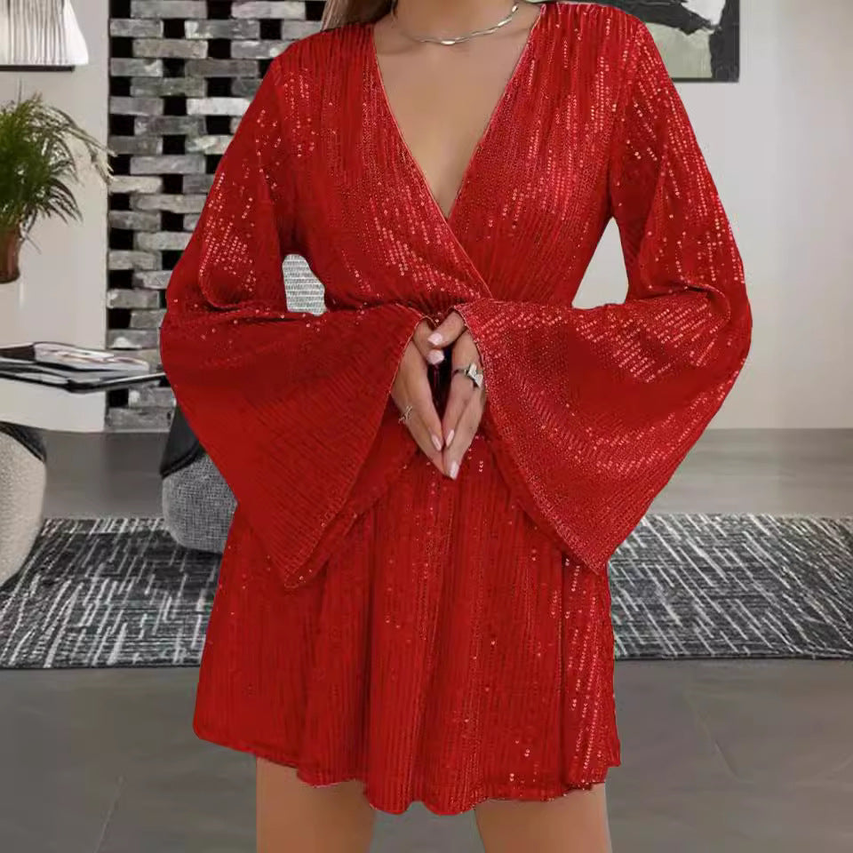 V-Ausschnitt Abendkleid mit Paillettenbund und Glockenärmeln | Ideal für Frühling und Herbst