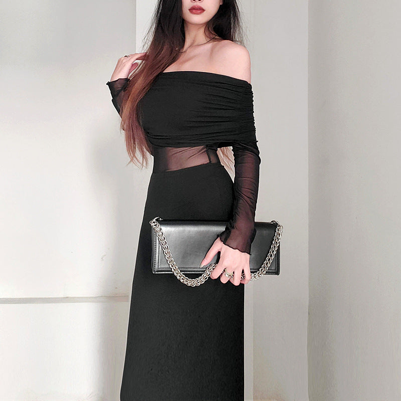 Off-Shoulder Plissiertes Langarm Maxikleid Ideal für Winter