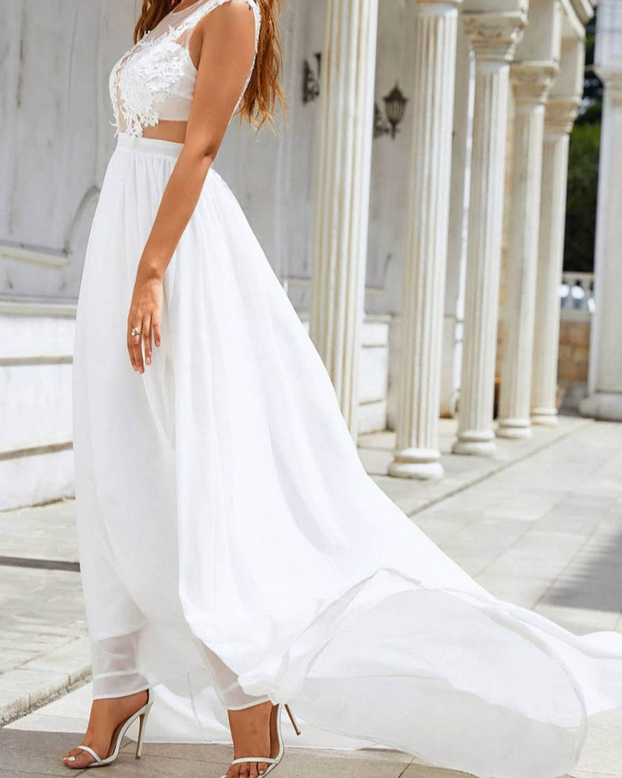 Chiffon Spitzen Hochzeitskleid mit Schleppe | Ideal für alle Jahreszeiten