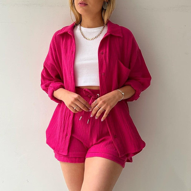 Langarm Hemd mit Reverskragen und Hohe Taille Kordelzug Shorts Set aus Baumwollmischung | Ideal für Frühling und Sommer