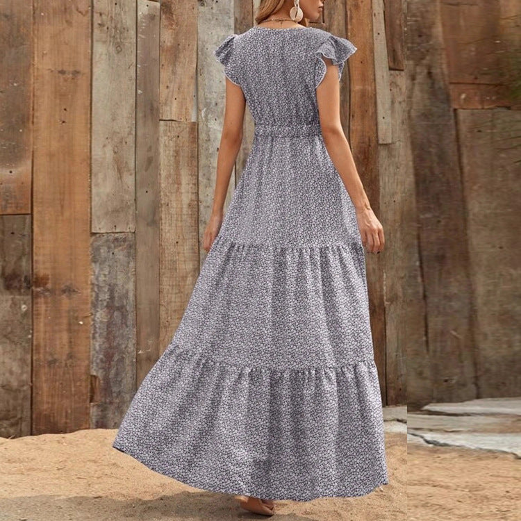 Bohemian V-Ausschnitt Blumendruck Kleid mit kurzen Ärmeln | Ideal für den Sommer