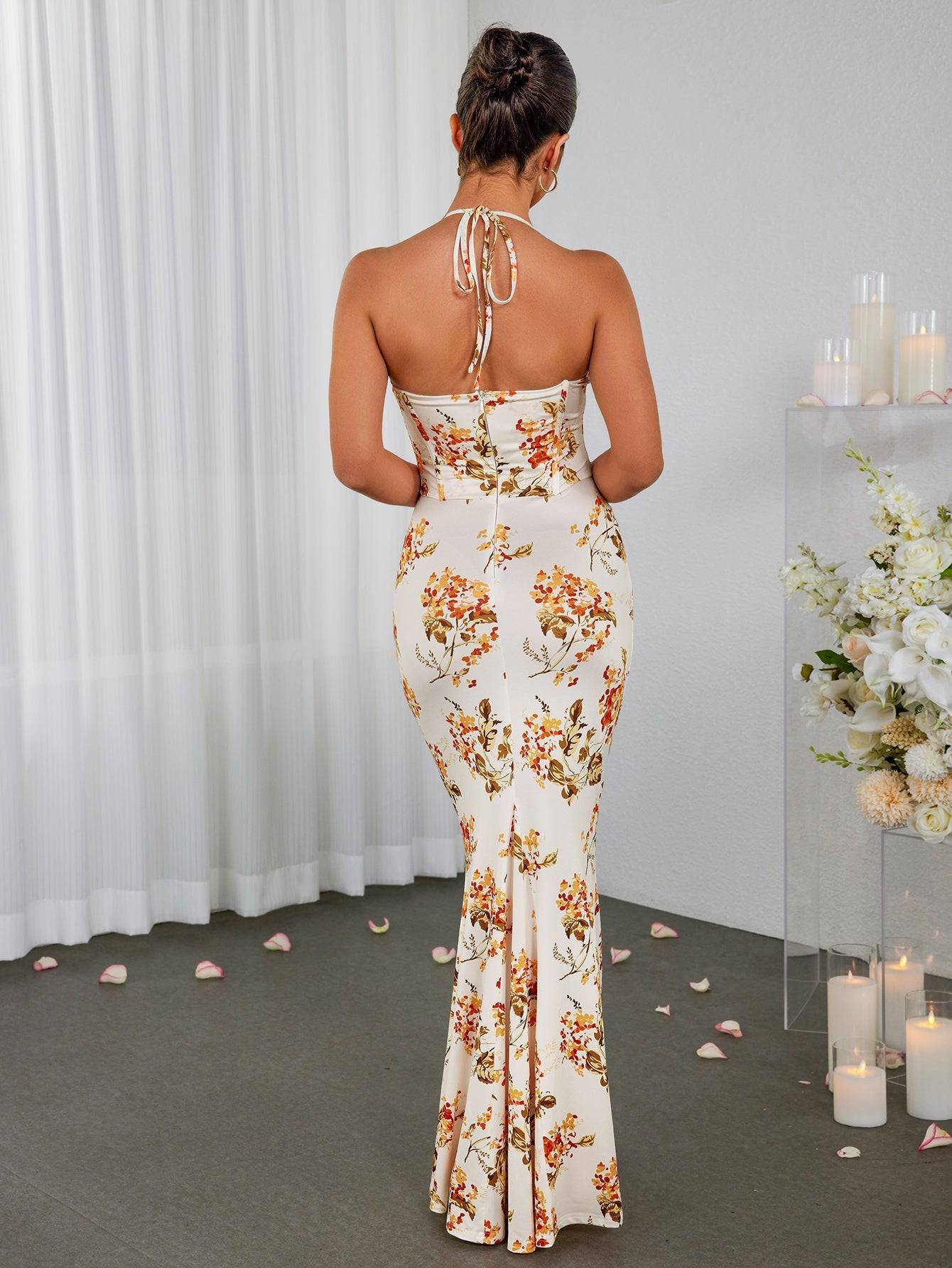 Blumenkleid mit Halterneck, Korsett-Design und Raffung im Bodycon-Stil | Ideal für den Sommer