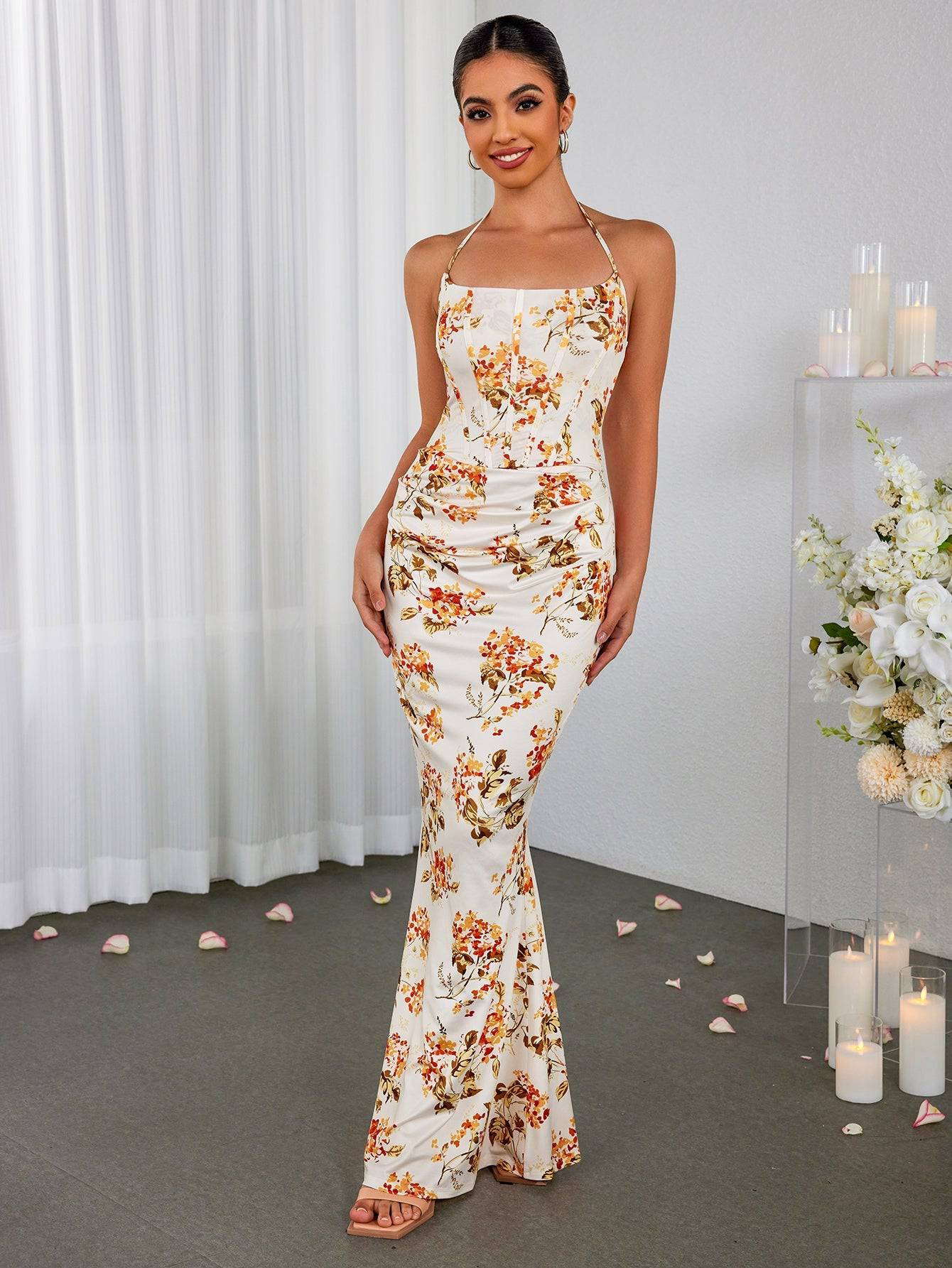 Blumenkleid mit Halterneck, Korsett-Design und Raffung im Bodycon-Stil | Ideal für den Sommer