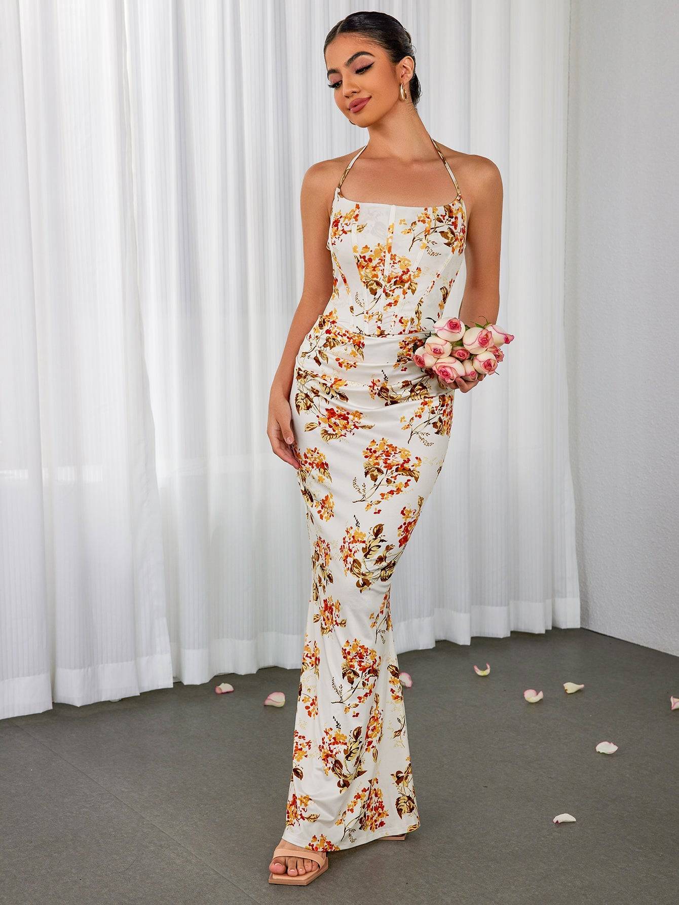 Blumenkleid mit Halterneck, Korsett-Design und Raffung im Bodycon-Stil | Ideal für den Sommer