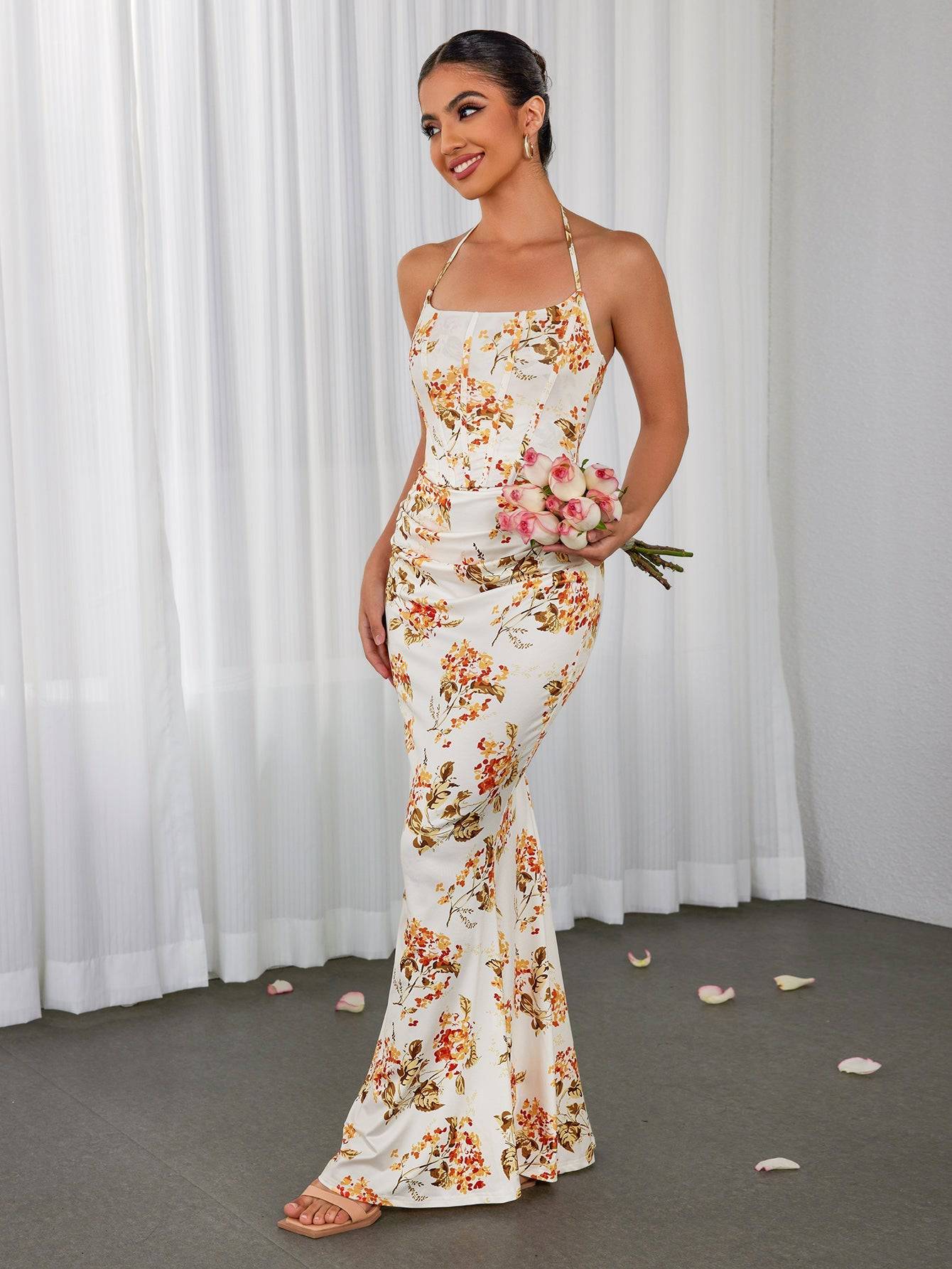 Blumenkleid mit Halterneck, Korsett-Design und Raffung im Bodycon-Stil | Ideal für den Sommer