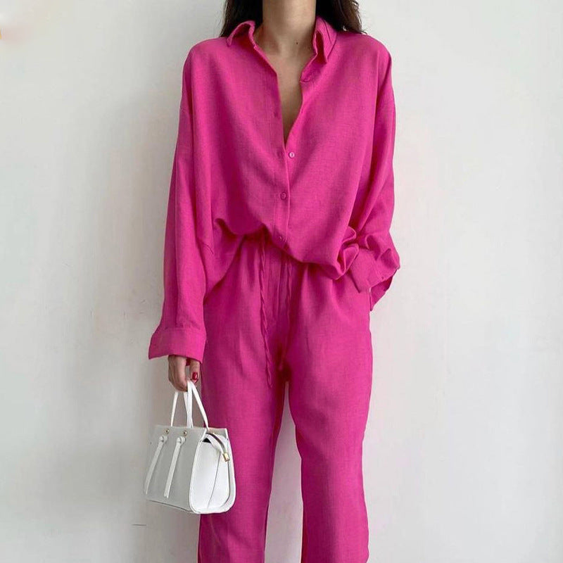 Damen Bluse und Weite Hosen Set mit Verstellbarem Bund Ideal für Frühling und Sommer
