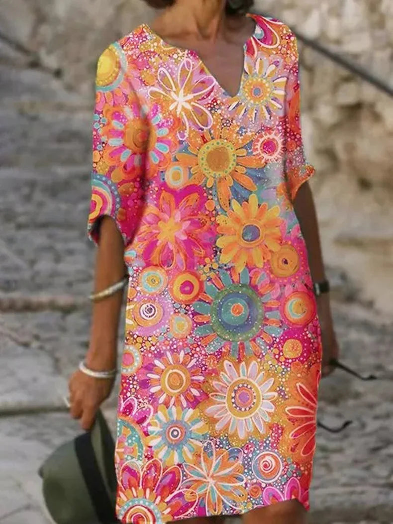 V-Ausschnitt Blumenkleid mit kurzen Ärmeln für Frauen | Ideal für den Sommer