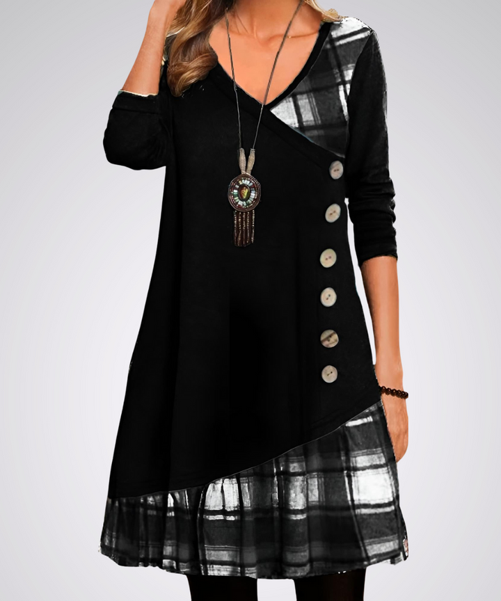 Langarm Vintage-Midi-Kleid mit V-Ausschnitt | Ideal für Frühling und Herbst