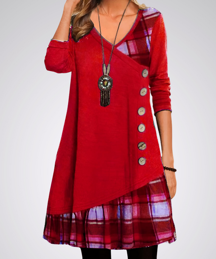 Langarm Vintage-Midi-Kleid mit V-Ausschnitt | Ideal für Frühling und Herbst