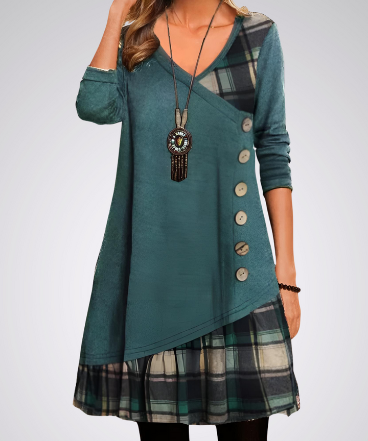 Langarm Vintage-Midi-Kleid mit V-Ausschnitt | Ideal für Frühling und Herbst