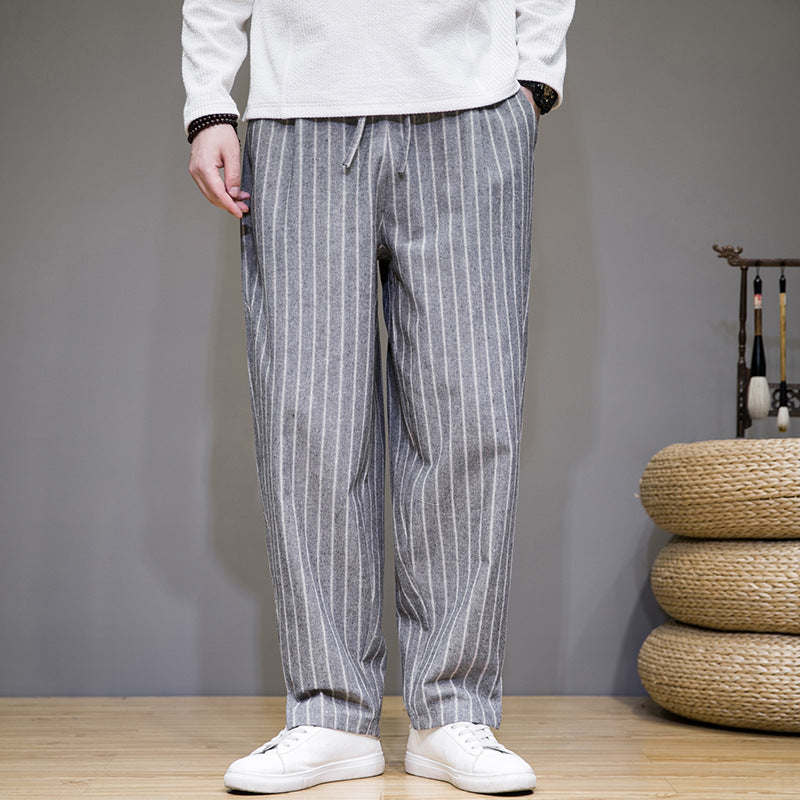 Herren Gestreifte Baumwoll-Leinen-Hose mit Kordelzug | Ideal für Frühling und Herbst