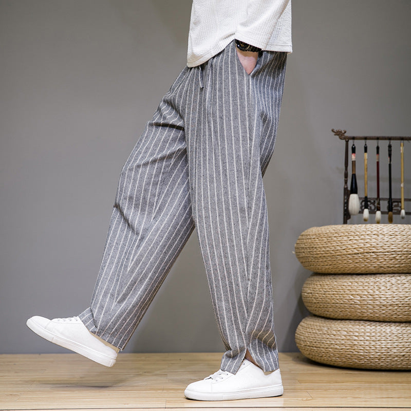 Herren Gestreifte Baumwoll-Leinen-Hose mit Kordelzug | Ideal für Frühling und Herbst