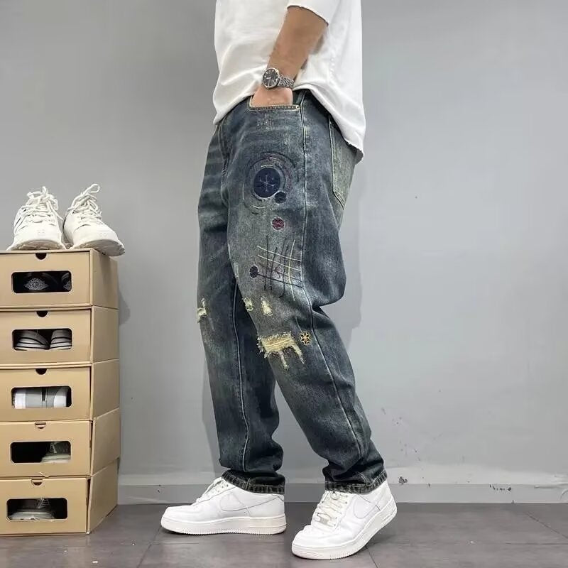 Herren Jeans mit Lockerem Geradem Schnitt und Rissen im Patchwork-Stil I Ideal für Frühling und Herbst