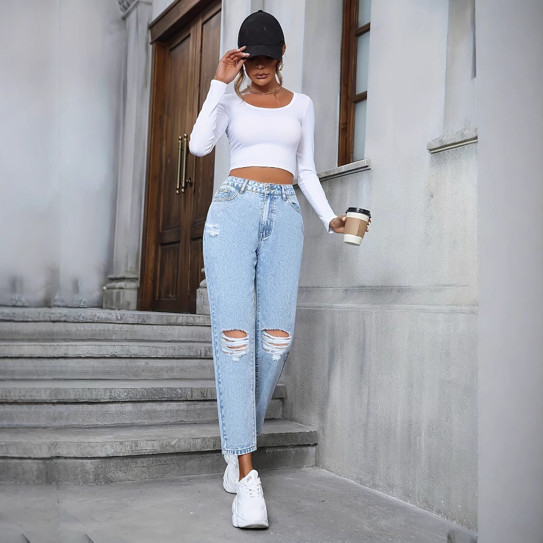 Hochtaillierte Lockere Gerade Geschnittene Ripped Denim Jeans | Ideal für Alle Jahreszeiten