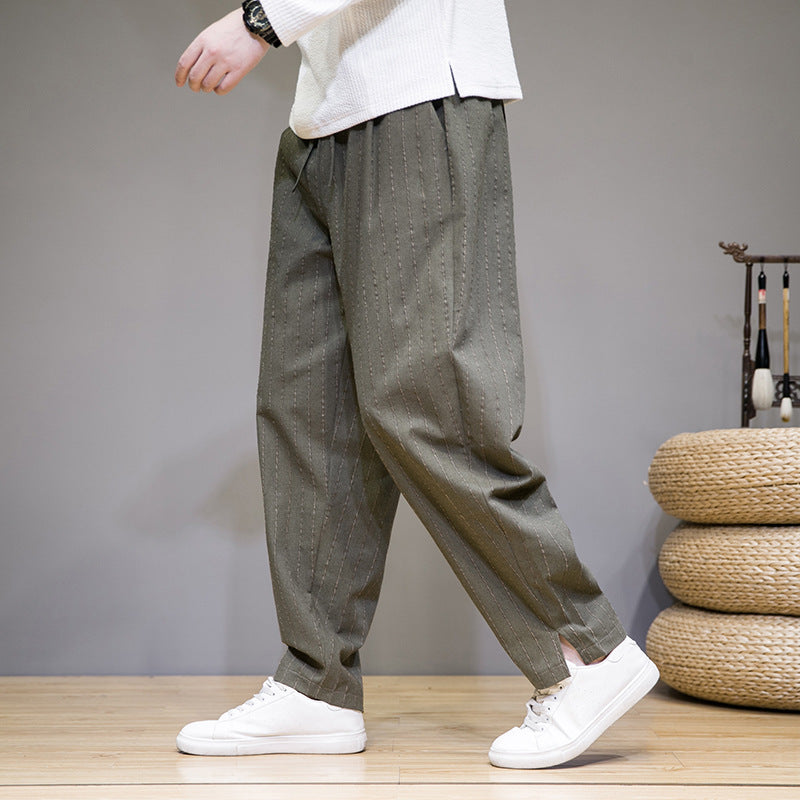 Herren Gestreifte Baumwoll-Leinen-Hose mit Kordelzug | Ideal für Frühling und Herbst
