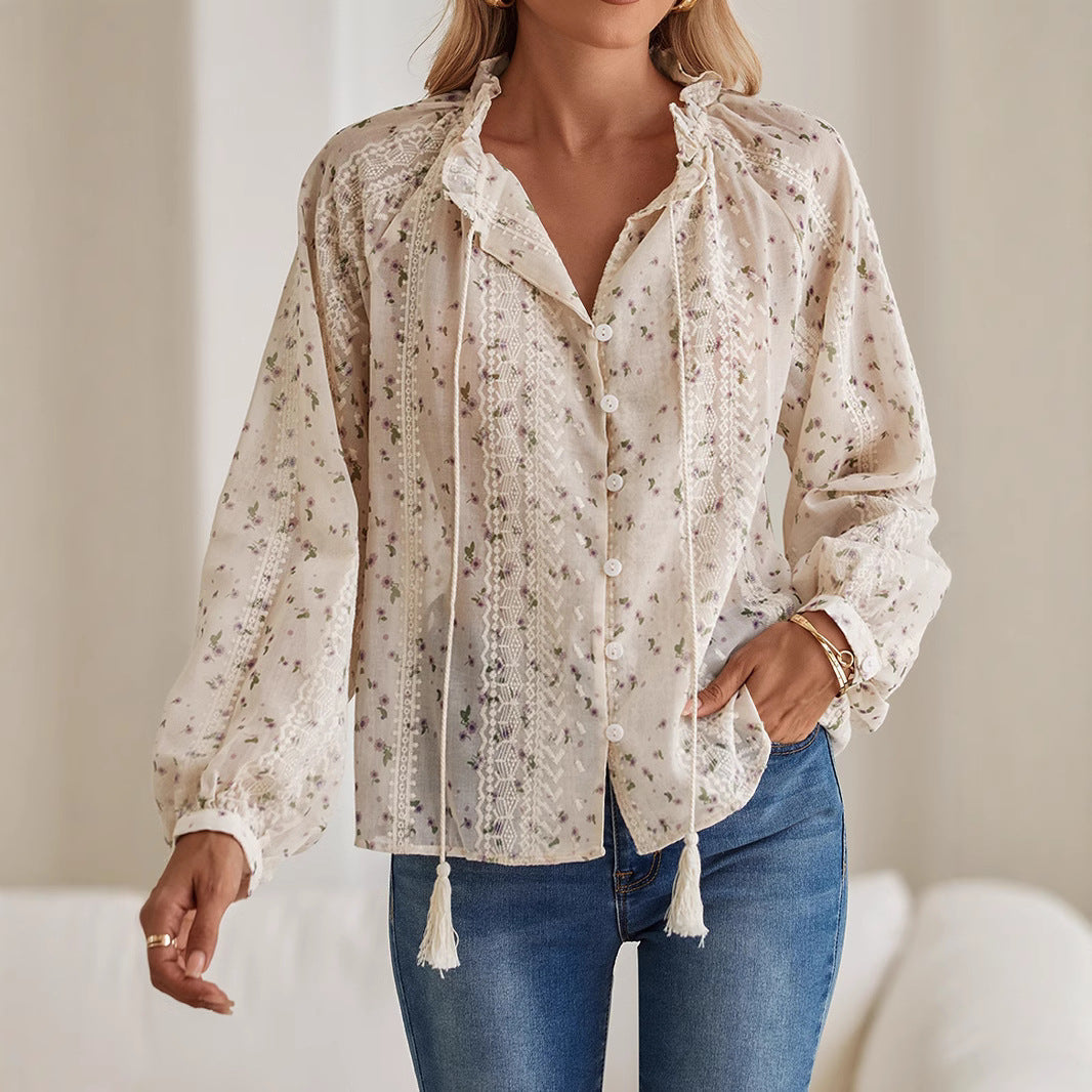 Geblümte Bestickte Bluse mit Quasten und Raglanärmeln | Ideal für den Frühling