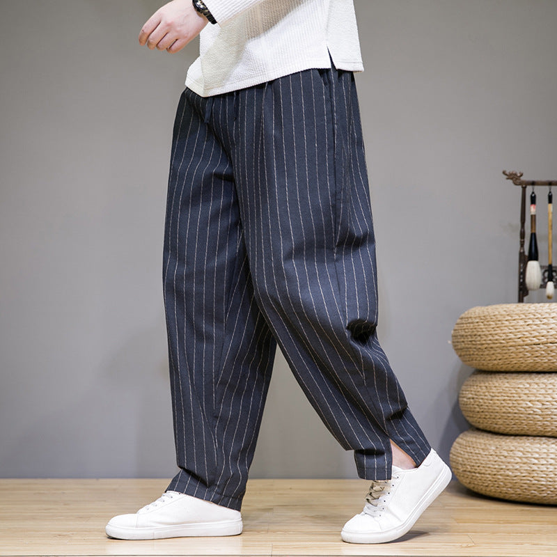 Herren Gestreifte Baumwoll-Leinen-Hose mit Kordelzug | Ideal für Frühling und Herbst
