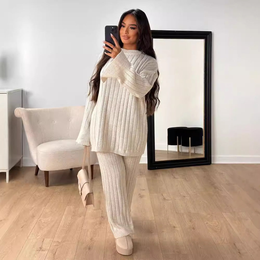 Einfarbiger Rundhals-Langarm-Pullover und Hosen Set | Ideal für Frühling und Herbst