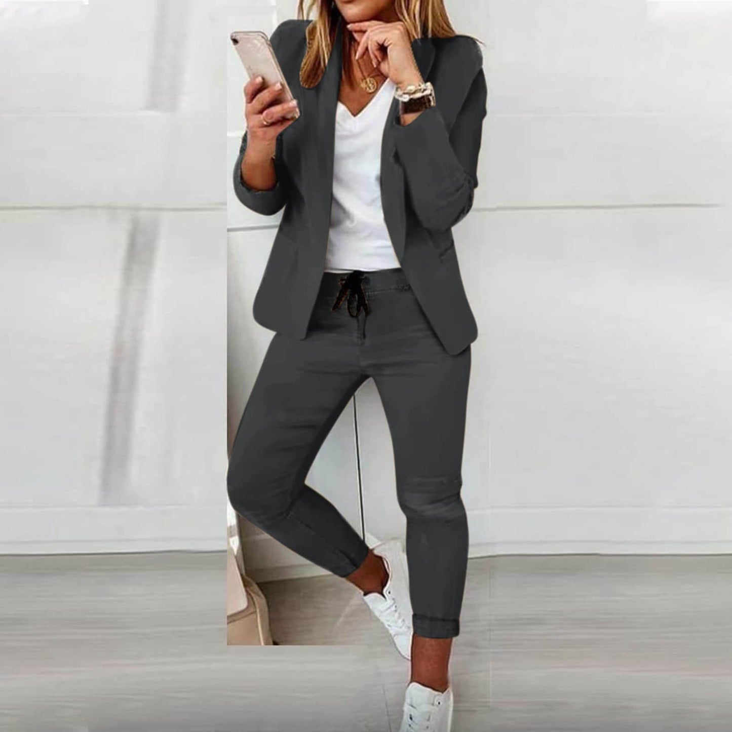 Damen Zwei-Teiliges Fließendes Outfit mit Langarm-Top und Weiten Hosen Ideal für Frühling und Herbst