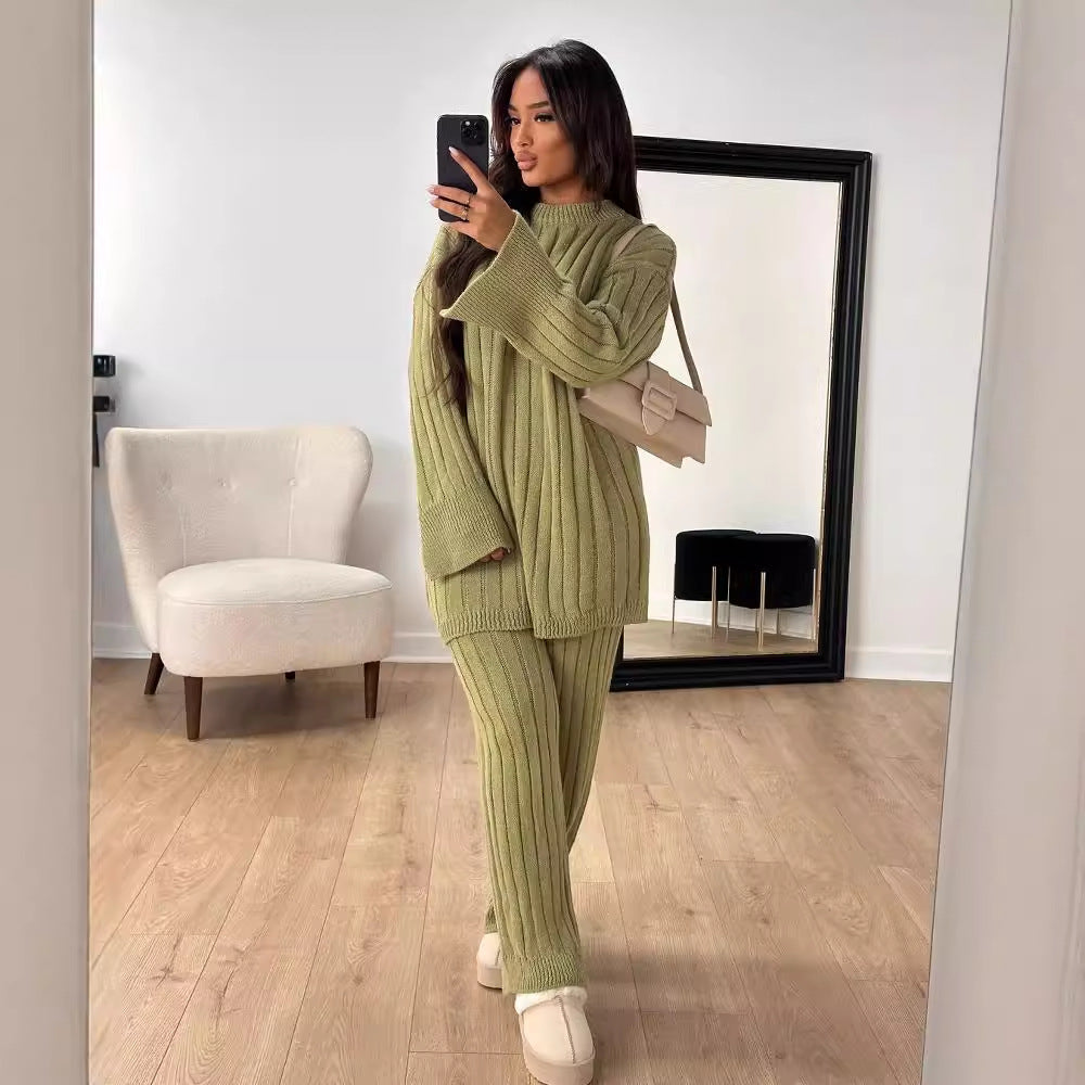 Einfarbiger Rundhals-Langarm-Pullover und Hosen Set | Ideal für Frühling und Herbst