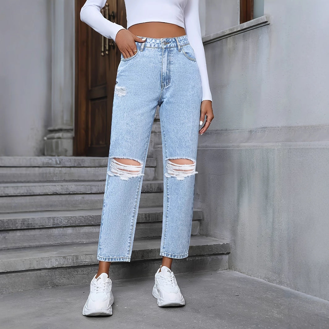 Hochtaillierte Lockere Gerade Geschnittene Ripped Denim Jeans | Ideal für Alle Jahreszeiten
