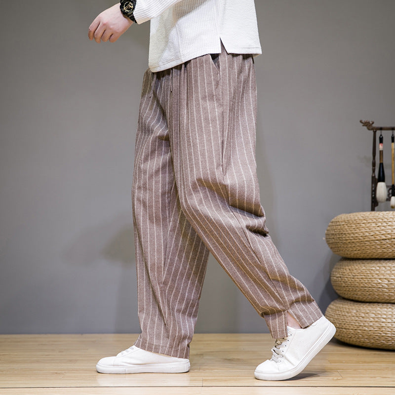 Herren Gestreifte Baumwoll-Leinen-Hose mit Kordelzug | Ideal für Frühling und Herbst