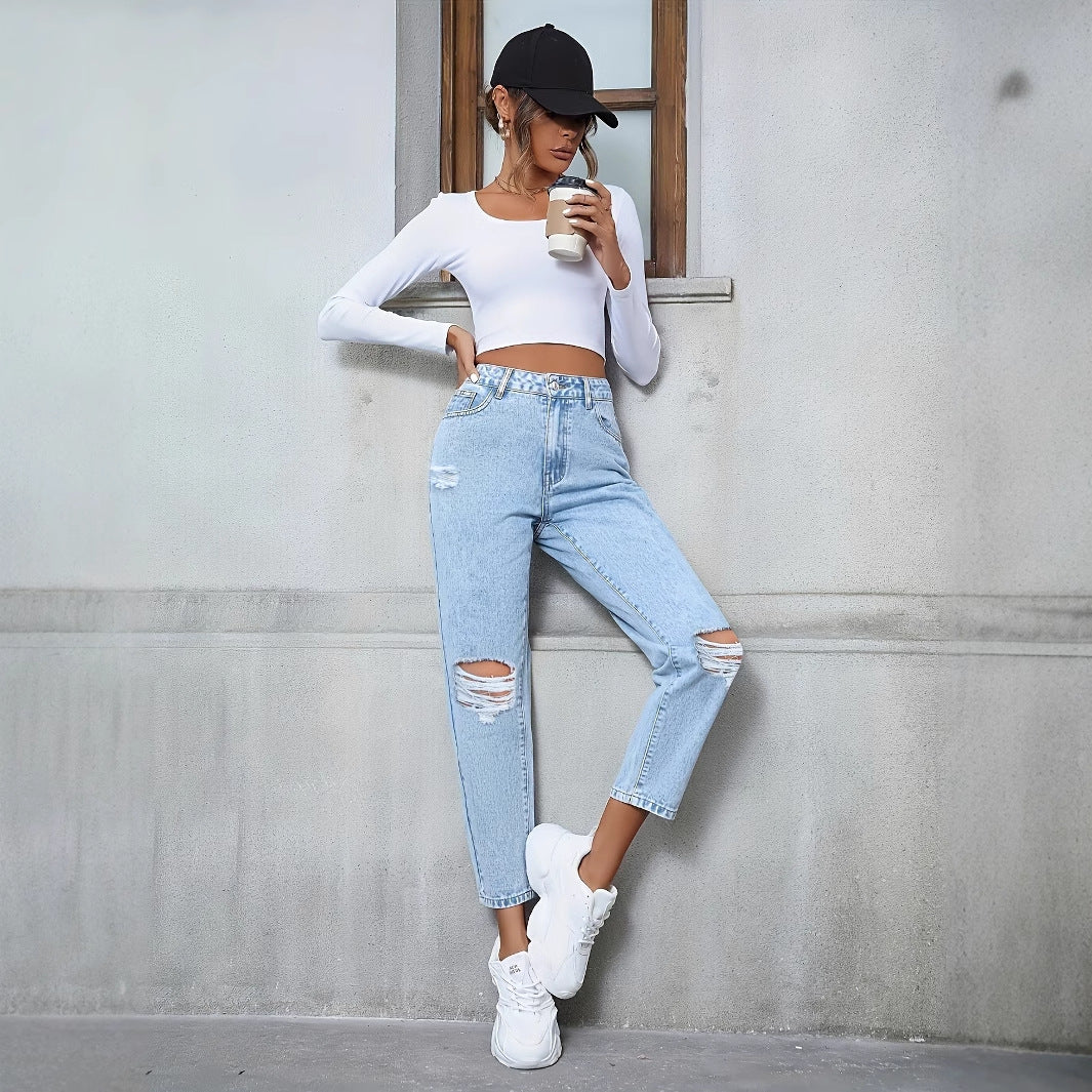 Hochtaillierte Lockere Gerade Geschnittene Ripped Denim Jeans | Ideal für Alle Jahreszeiten