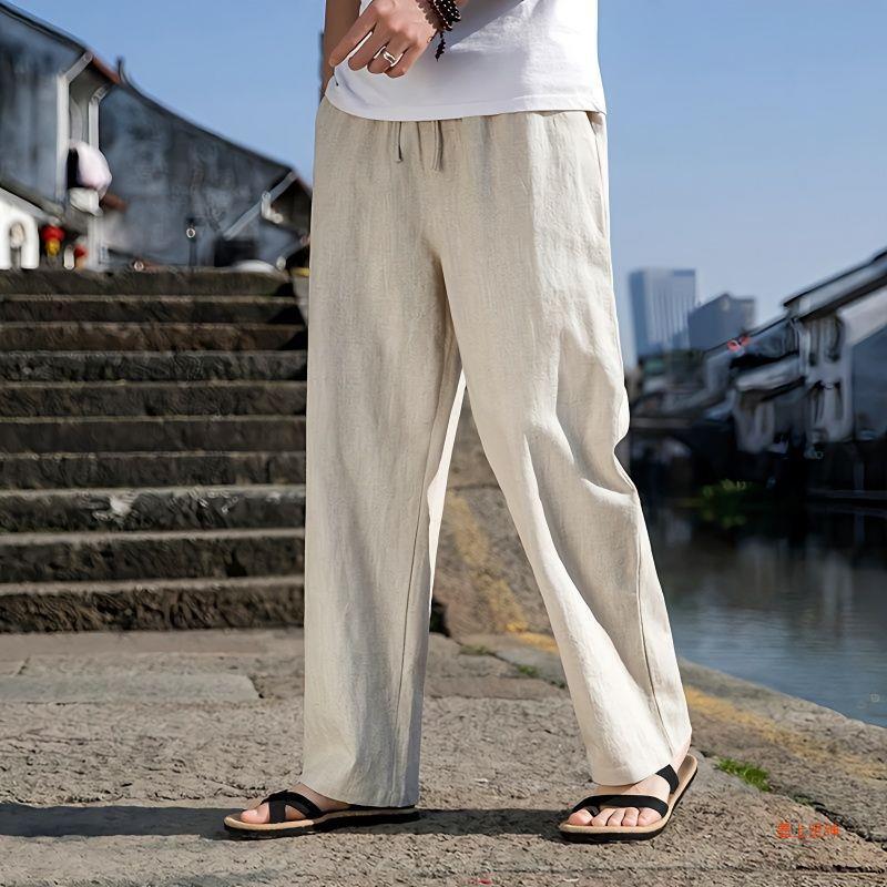 Herren Weite Gerade Baumwoll-Leinen-Hose | Ideal für den Frühling